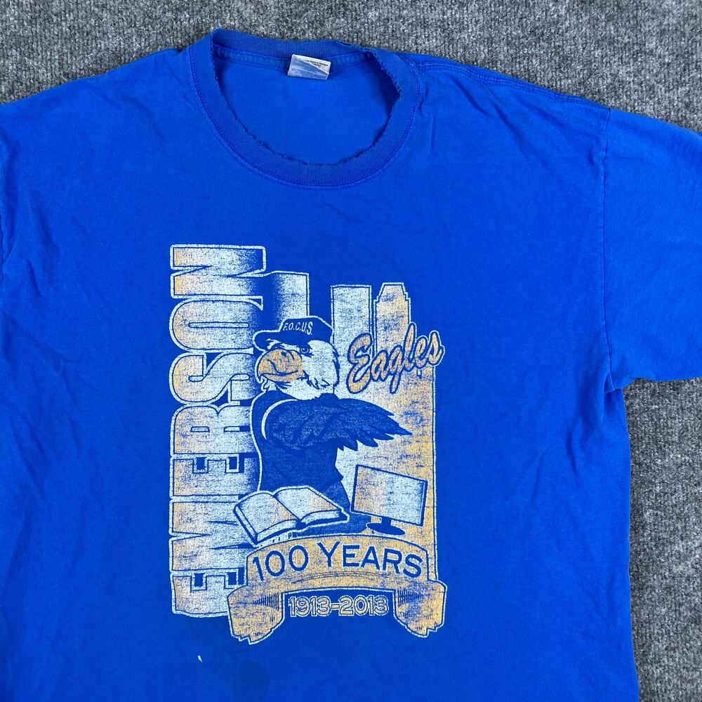 Gildan T-Shirt Mens Size L Blue Emerson Eagles 100 Years Graphic Short Sleeve
